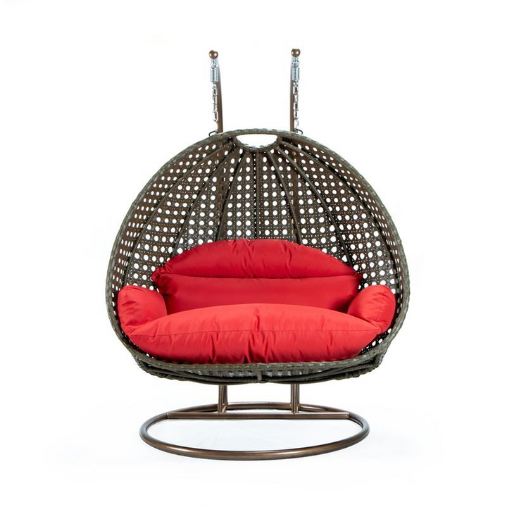 LeisureMod Beige Wicker Hanging 2 person Egg Swing Chair Red