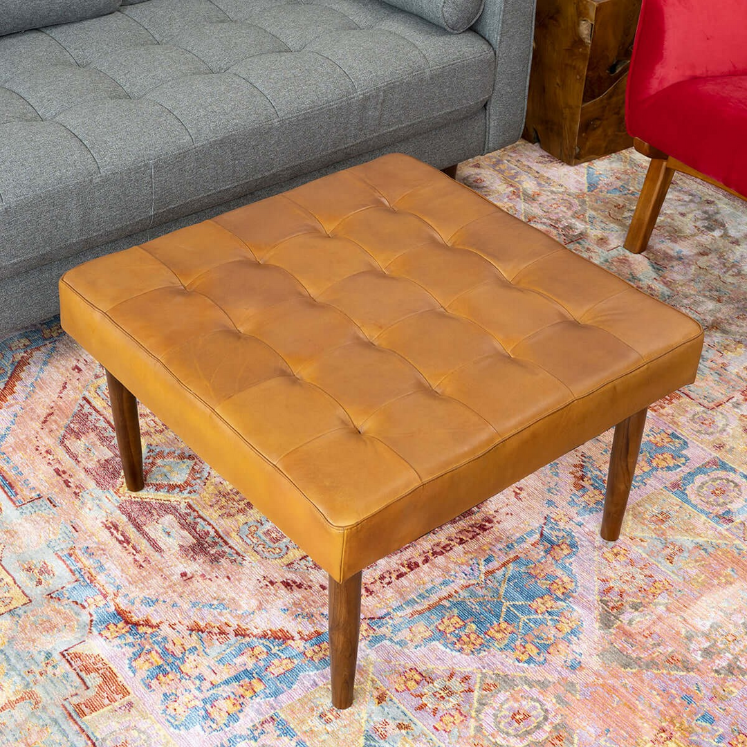 Mark Mid-Century Tufted Square Genuine Leather Upholstered Ottoman in Tan Top View.