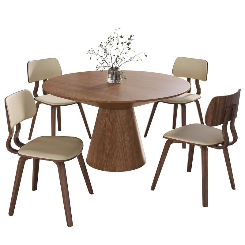 LeisureMod 5-Piece Dining Set with Round Wooden Table in Natural Wood and 4 Leather Dining Chairs in Walnut/Cream