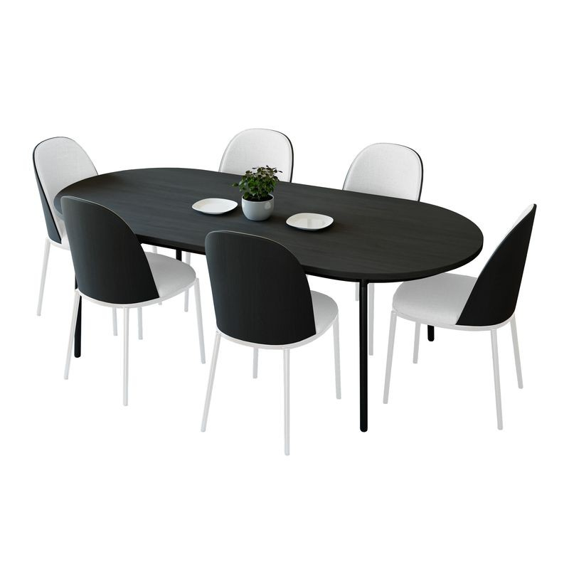 LeisureMod Tule 7-Piece Dining Set in White Steel Frame with 6 Upholstered Seat Dining Chairs and 71" Oval Dining Table with MDF Tabletop in Black/White