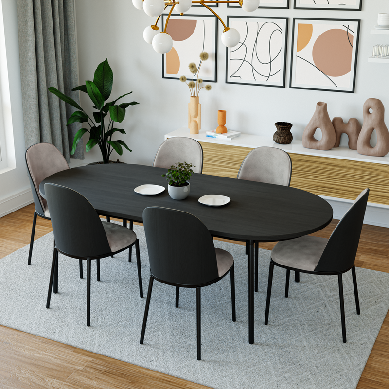 LeisureMod Tule 7-Piece Dining Set in Steel Frame with 6 Upholstered Seat Dining Chairs and 71" Oval Dining Table with MDF Tabletop Black/White in Dining Room.