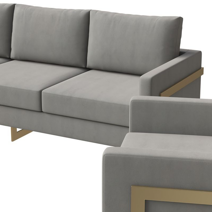 LeisureMod Lincoln 3-Piece Velvet Living Room Sofa Set with Gold Frame Zoomed In.