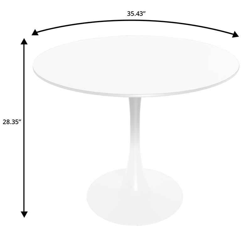 LeisureMod 5-Piece Dining Set Round White MDF Dining Table and 4 Plastic Dining Chairs with Chrome Legs Transparent Orange Table Dimensions.