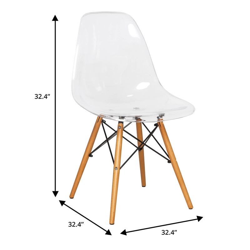 LeisureMod Dover 3-Piece Dining Set with Round Black MDF Top Bistro Table and 2 Plastic Chairs in Clear Chair Dimensions.