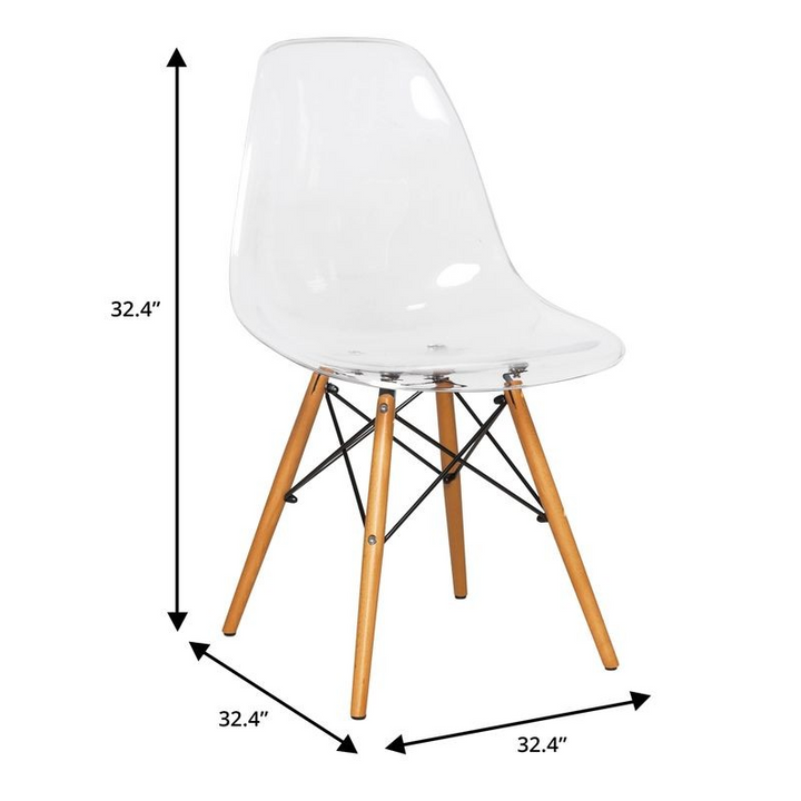 LeisureMod Dover 3-Piece Dining Set with Round Black MDF Top Bistro Table and 2 Plastic Chairs in Clear Chair Dimensions.