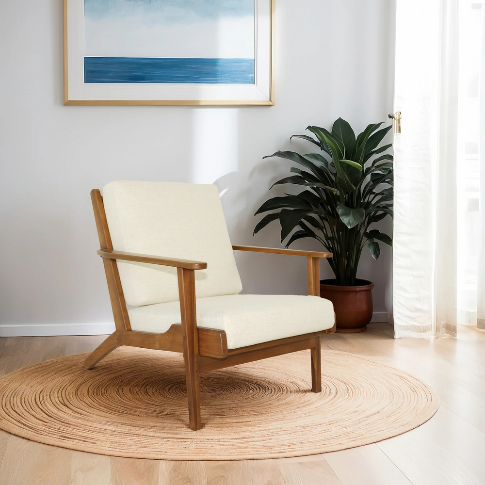 Connor Solid Wood Linen Lounge Chair Cream in Room.