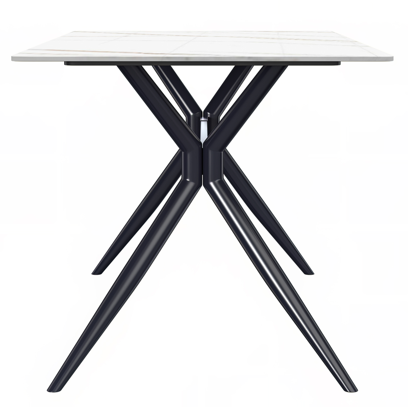 LeisureMod 7-Piece Dining Set with Rectangular Sintered Stone Dining Table and 6 Velvet Dining Side Chairs with Wicker Back Black Table Photo.