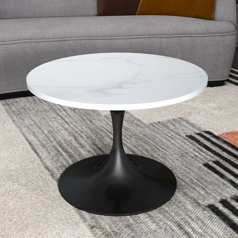 LeisureMod Verve Coffee Table Black Base with 27" round White Sintered Stone Top