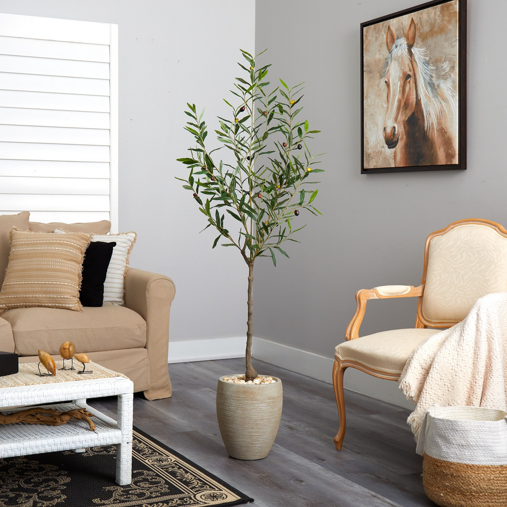 5.5’ Olive Artificial Tree in Sand Colored Planter in Room