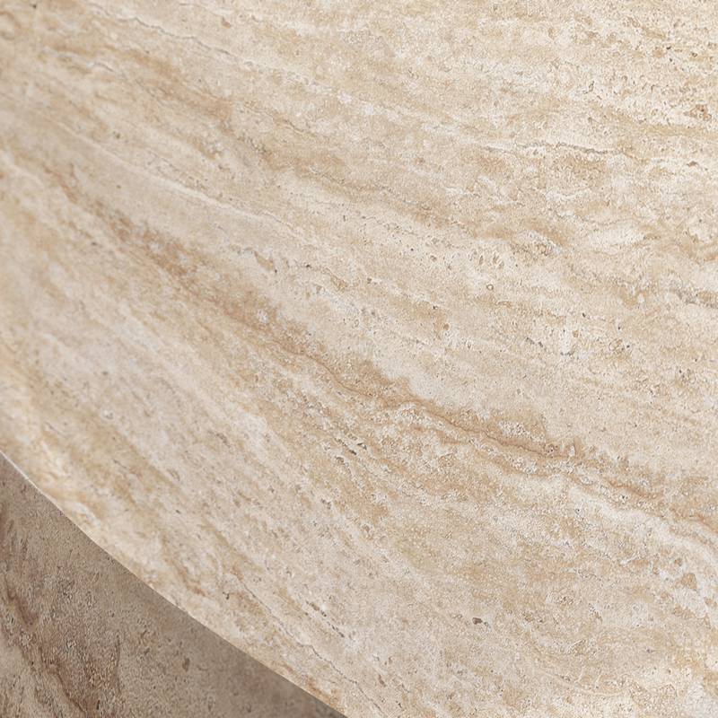 LeisureMod Terra Collection Fiberglass Outdoor Coffee Table in Travertine Closeup.