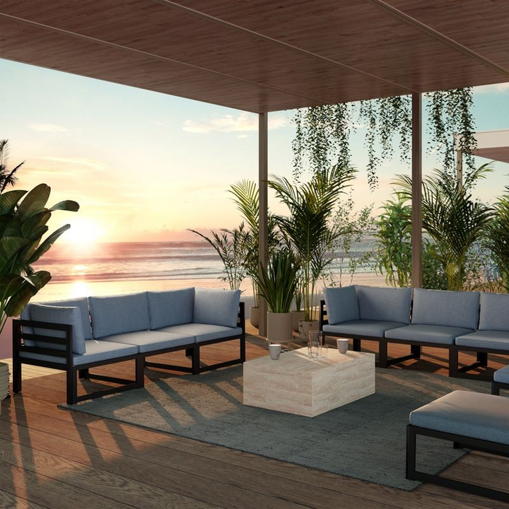 LeisureMod Maya Collection Outdoor/Indoor Coffee Table in Travertine Photo.