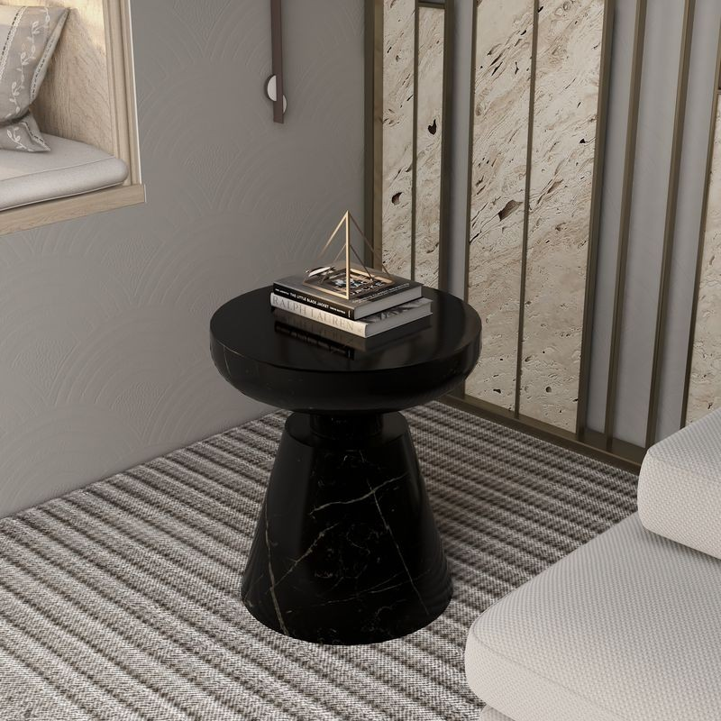 LeisureMod Isle Collection Fiberglass Outdoor Side Table in Marbled Black in Room.