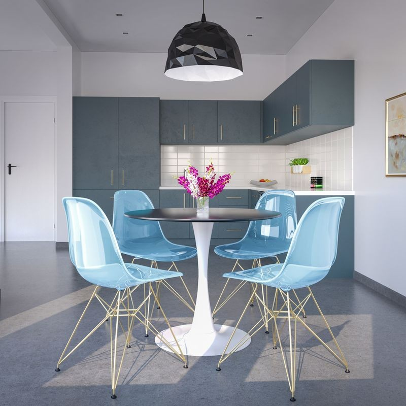 LeisureMod 5-Piece Dining Set with 35" Round Dining Table in White Iron Pedestal Base and 4 ABS Plastic Side Chair with Gold Base Transparent Blue in Room.