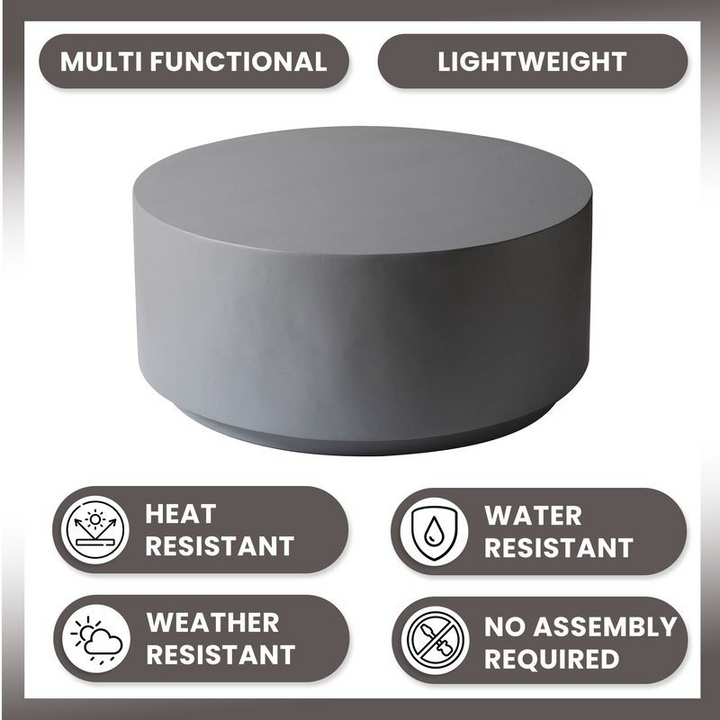 LeisureMod Terra Collection Fiberglass Outdoor Coffee Table in Grey Description.