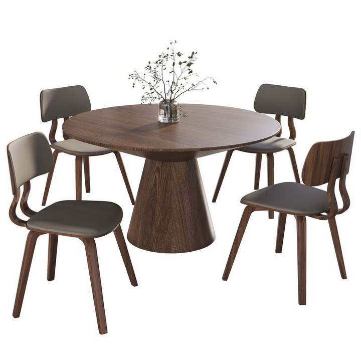LeisureMod 5-Piece Dining Set with Round Wooden Table in Walnut and 4 Leather Dining Chairs in Walnut/Light Grey