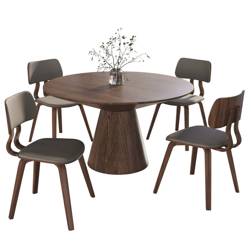 LeisureMod 5-Piece Dining Set with Round Wooden Table in Walnut and 4 Leather Dining Chairs in Walnut/Light Grey
