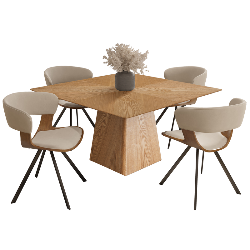 LeisureMod 5-Piece Dining Set with Square Wooden Table in Natural Wood and 4 Velvet Dining Chairs in Walnut/Light Brown Velvet