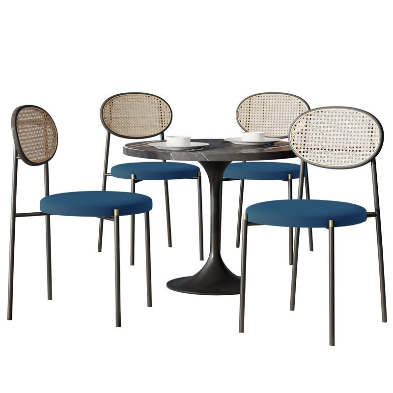 LeisureMod 5-Piece Dining Set with 36" Round Dining Table Black Sintered Stone Top and Black Pedestal with 4 Velvet Dining Chairs in Black Steel Legs in Navy Blue