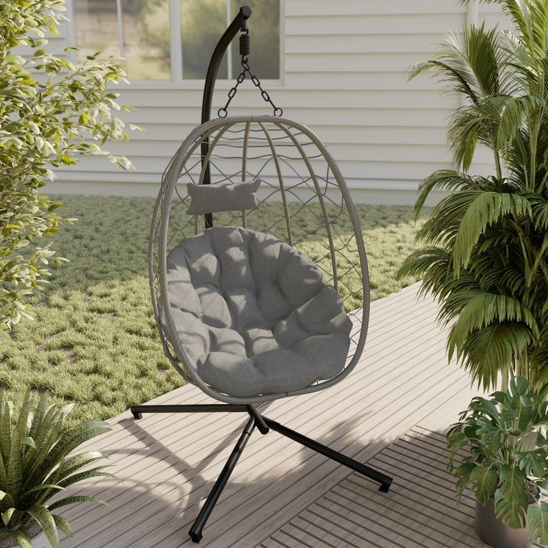 Leisuremod Summit Series Outdoor Egg Swing Chair in Grey with Light Grey Cushions Light Grey Photo.