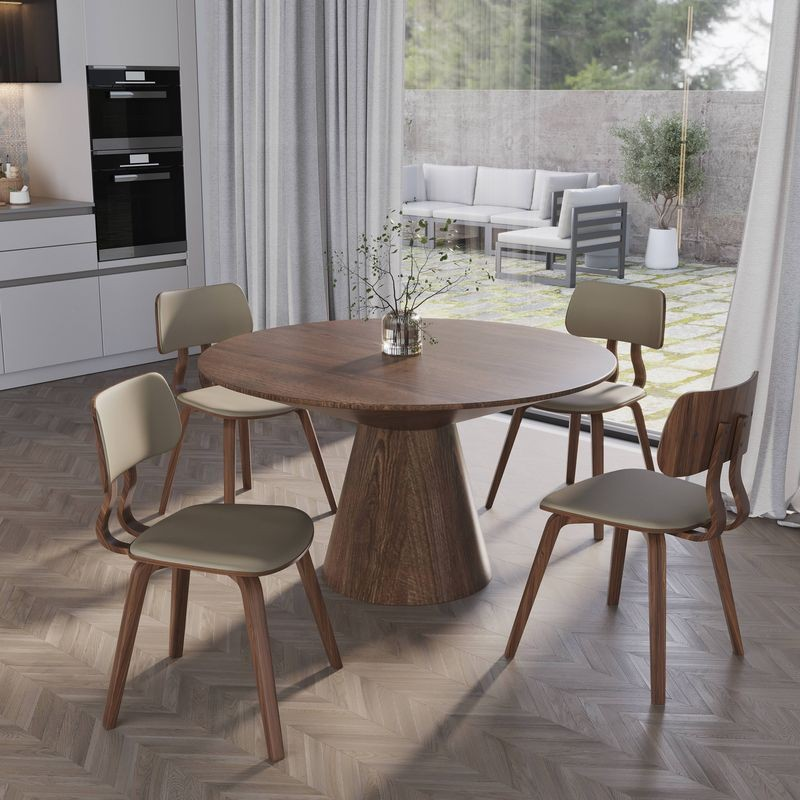 LeisureMod 5-Piece Dining Set with Round Wooden Table in Walnut and 4 Leather Dining Chairs in Walnut/Light Brown in Room.