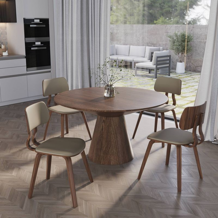 LeisureMod 5-Piece Dining Set with Round Wooden Table in Walnut and 4 Leather Dining Chairs in Walnut/Light Brown in Room.