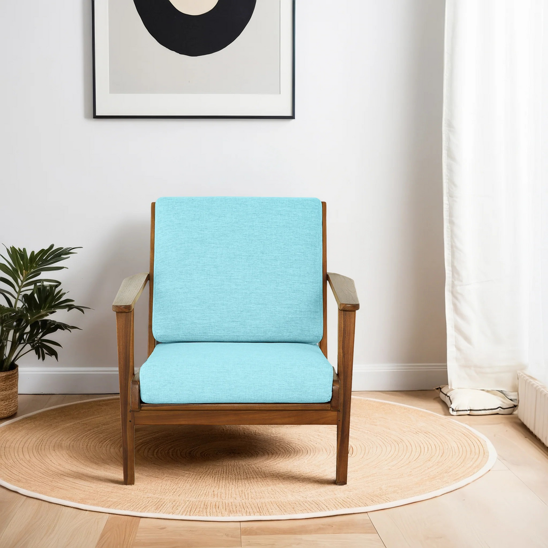 Connor Solid Wood Linen Lounge Chair Sky Blue Front View.