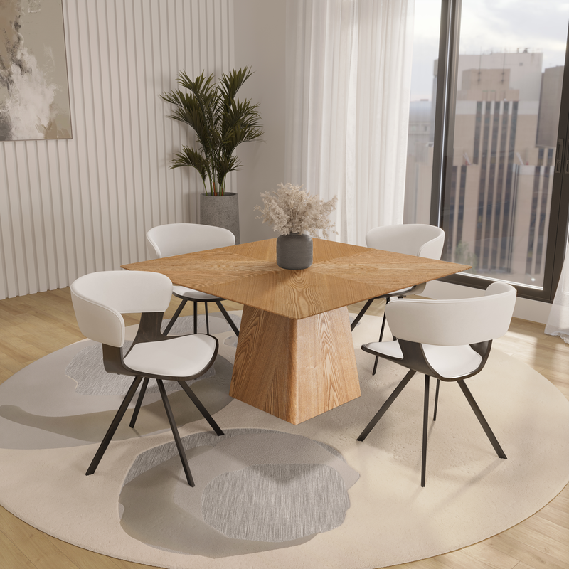 LeisureMod 5-Piece Dining Set with Square Wooden Table in Natural Wood and 4 Leather Dining Chairs in Dark Walnut/White in Room.