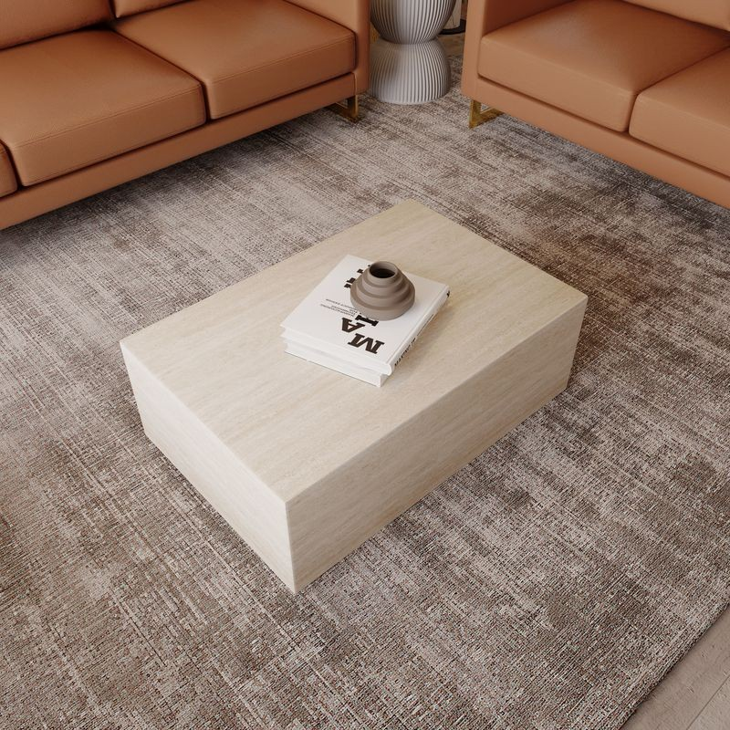 LeisureMod Maya Collection Outdoor/Indoor Coffee Table in Travertine Top View.