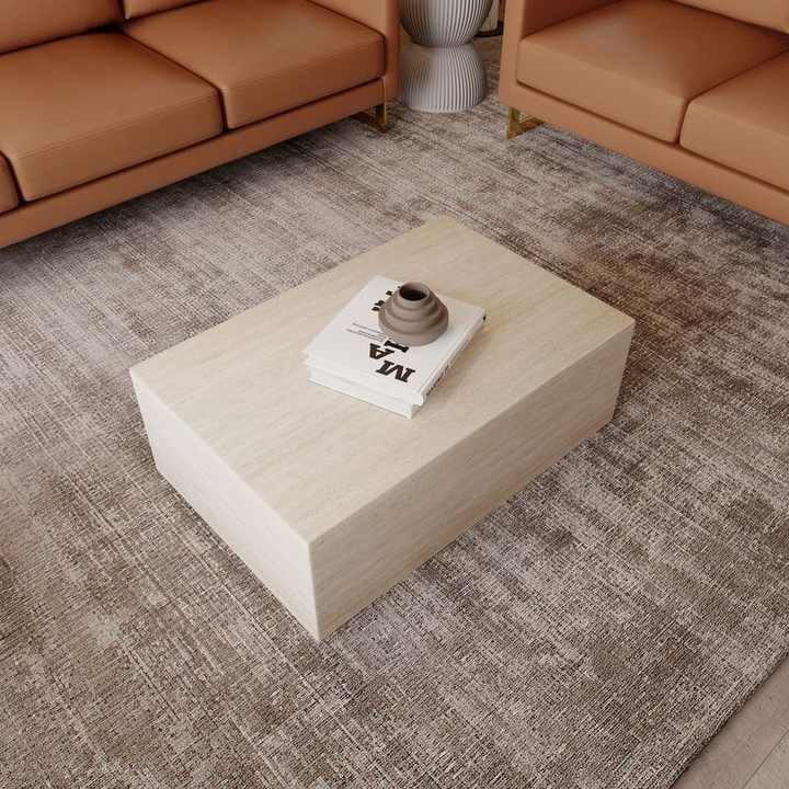 LeisureMod Maya Collection Outdoor/Indoor Coffee Table in Travertine Top View.