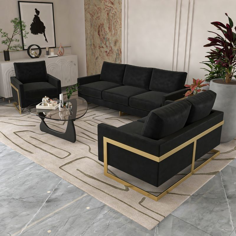 LeisureMod Lincoln 3-Piece Velvet Living Room Sofa Set with Gold Frame Midnight Black