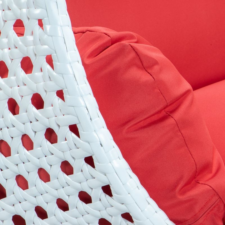 LeisureMod White Wicker Hanging 2 person Egg Swing Chair Red Closeup.