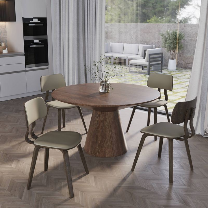 LeisureMod 5-Piece Dining Set with Round Wooden Table in Walnut and 4 Leather Dining Chairs in Dark Walnut/Taupe in Room.