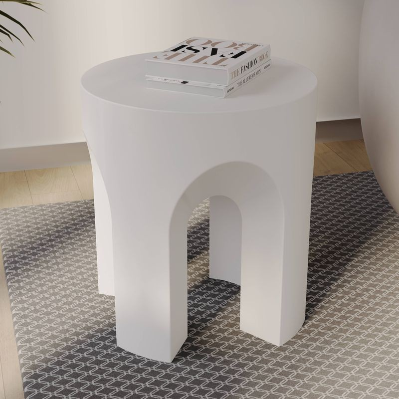 LeisureMod Crus Collection Fiberglass Outdoor Side Table in White in Room.