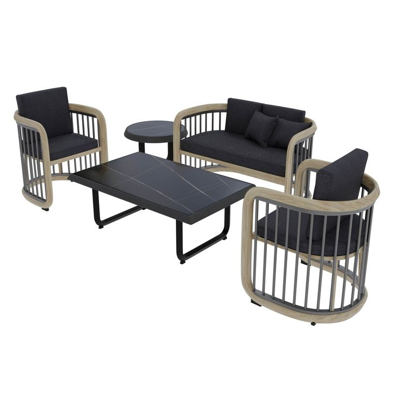 LeisureMod Klyra 5-Piece Aluminum Conversation Set with 2 Accent Chairs, Sofa, Coffee Table, Side Table in Grey Image.