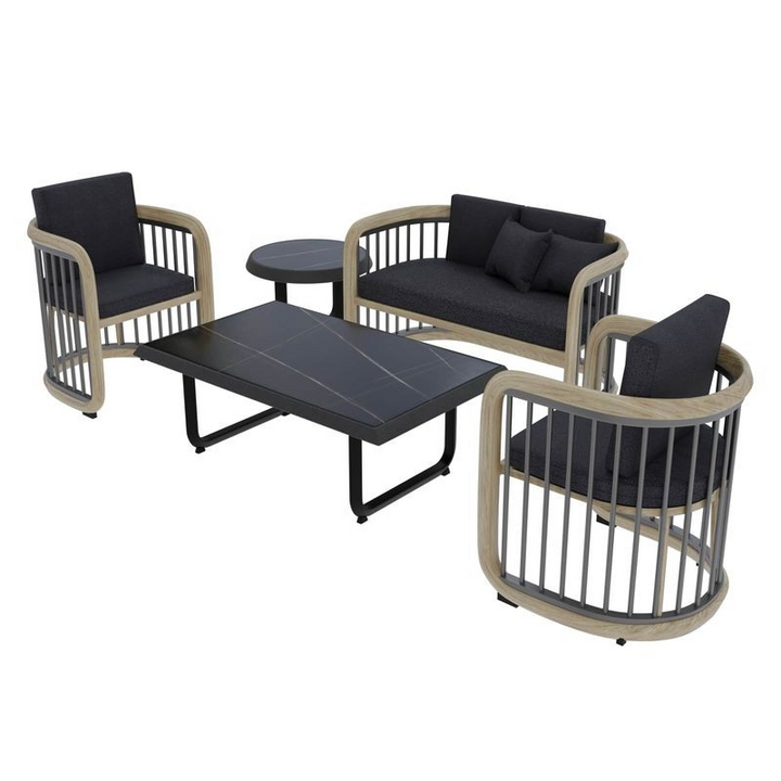 LeisureMod Klyra 5-Piece Aluminum Conversation Set with 2 Accent Chairs, Sofa, Coffee Table, Side Table in Grey Image.