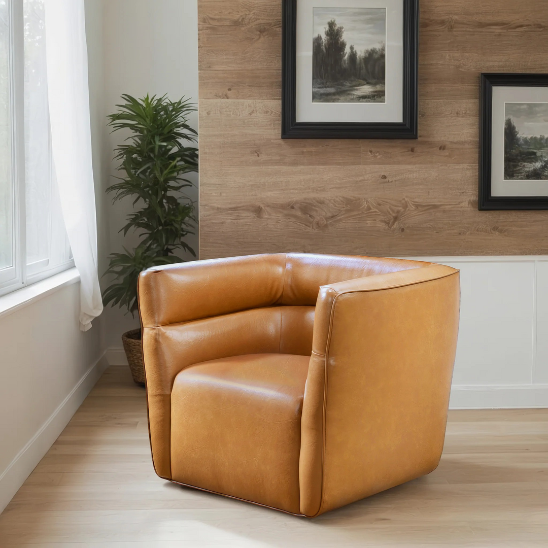 Callan Swivel Chair Vegan Tan Leather in Room.