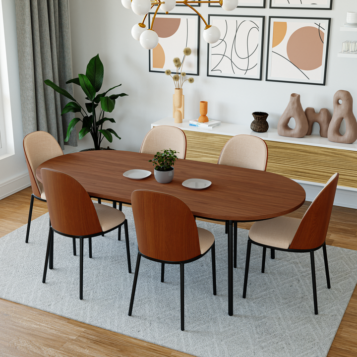 LeisureMod Tule 7-Piece Dining Set in Steel Frame with 6 Upholstered Seat Dining Chairs and 71" Oval Dining Table with MDF Tabletop Walnut/Light Brown in Dining Room.