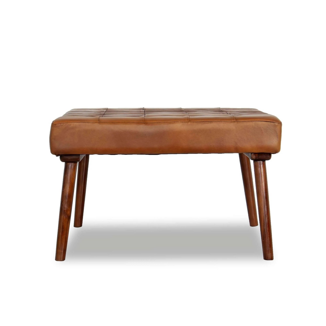 Mark Mid-Century Tufted Square Genuine Leather Upholstered Ottoman in Tan Side View.