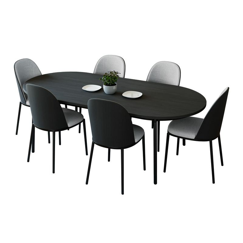LeisureMod Tule 7-Piece Dining Set in Steel Frame with 6 Upholstered Seat Dining Chairs and 71" Oval Dining Table with MDF Tabletop Black/Platinum Blue