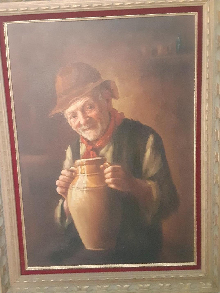 Original Painting Old Man with Vase. Signed Front Photo