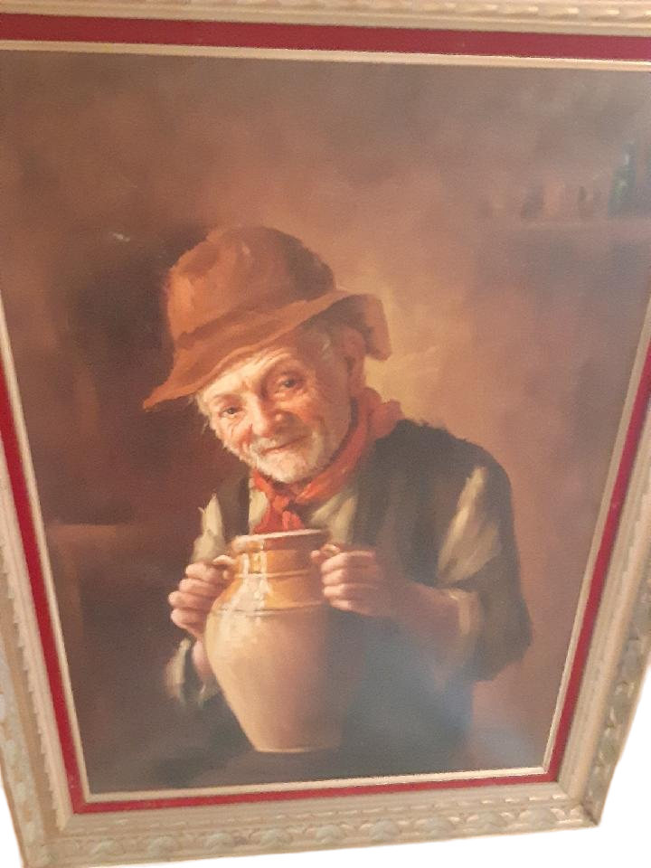 Original Painting Old Man with Vase. Signed Angled Photo