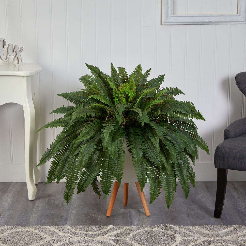 2.5’ Boston Fern Artificial Plant in White Planter with Legs with Background