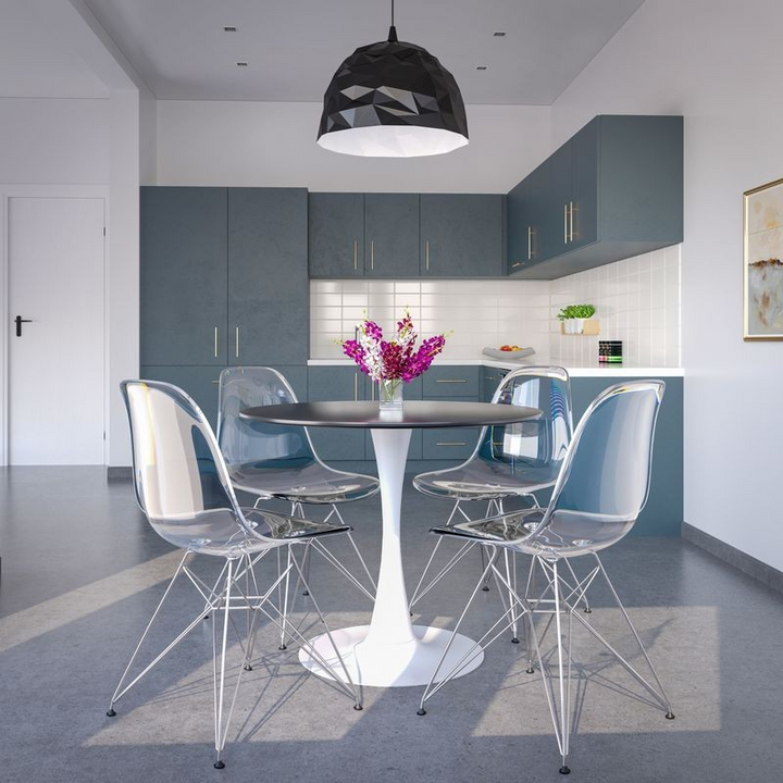 LeisureMod 5-Piece Dining Set 35" Round Dining Table in White Iron 4 ABS Plastic Side Chair in Chrome Clear in Room.