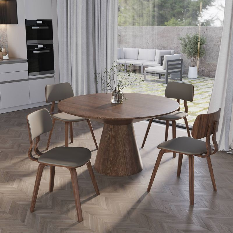 LeisureMod 5-Piece Dining Set with Round Wooden Table in Walnut and 4 Leather Dining Chairs in Walnut/Light Grey in Room.