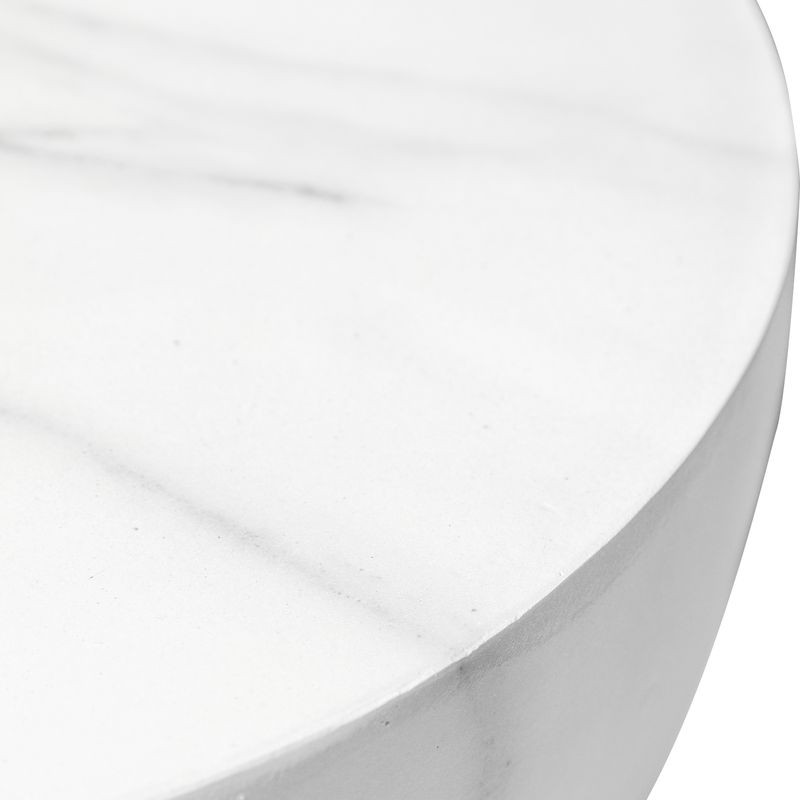 LeisureMod Sage Collection Fiberglass Outdoor Side Table in Marbled White Closeup.
