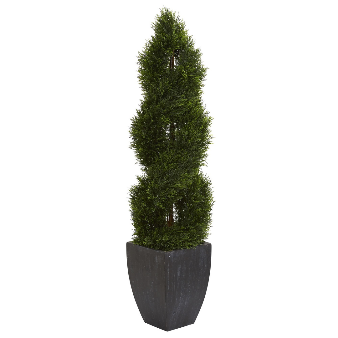 5’ Double Cypress Spiral Topiary Artificial Tree in Black Planter UV Resistant (Indoor/Outdoor)