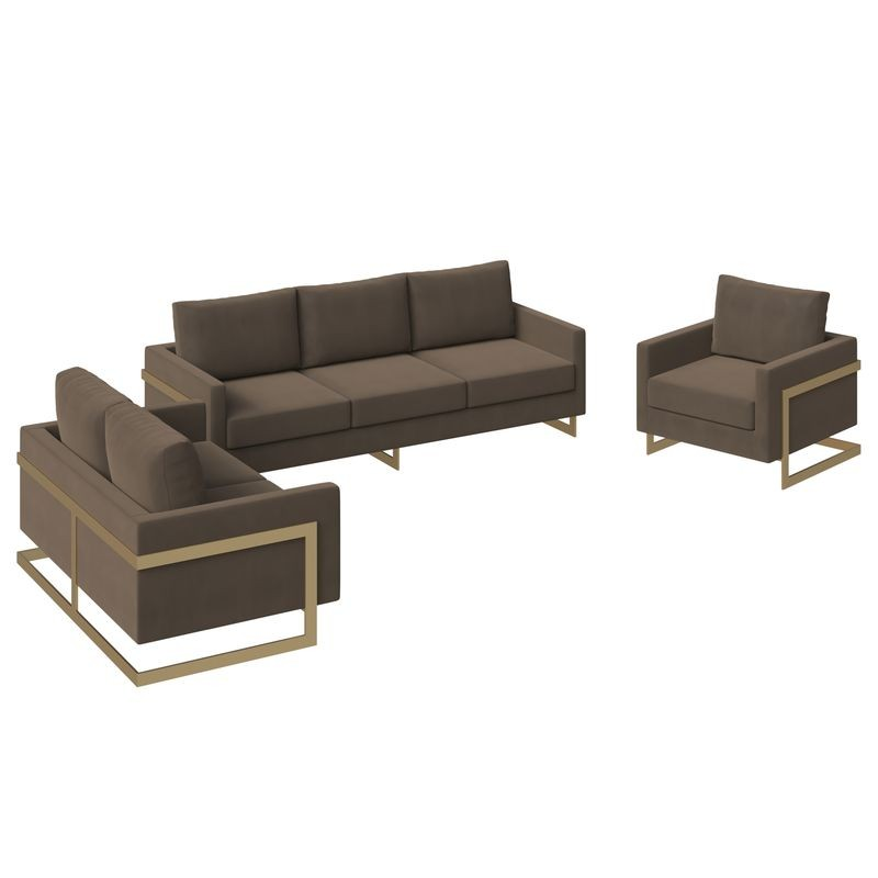 LeisureMod Lincoln 3-Piece Velvet Living Room Sofa Set with Gold Frame Dark Grey without Background.