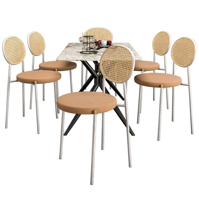 LeisureMod 7-Piece Dining Set with Rectangular Sintered Stone Dining Table and 6 Velvet Dining Side Chairs with Wicker Back Brown