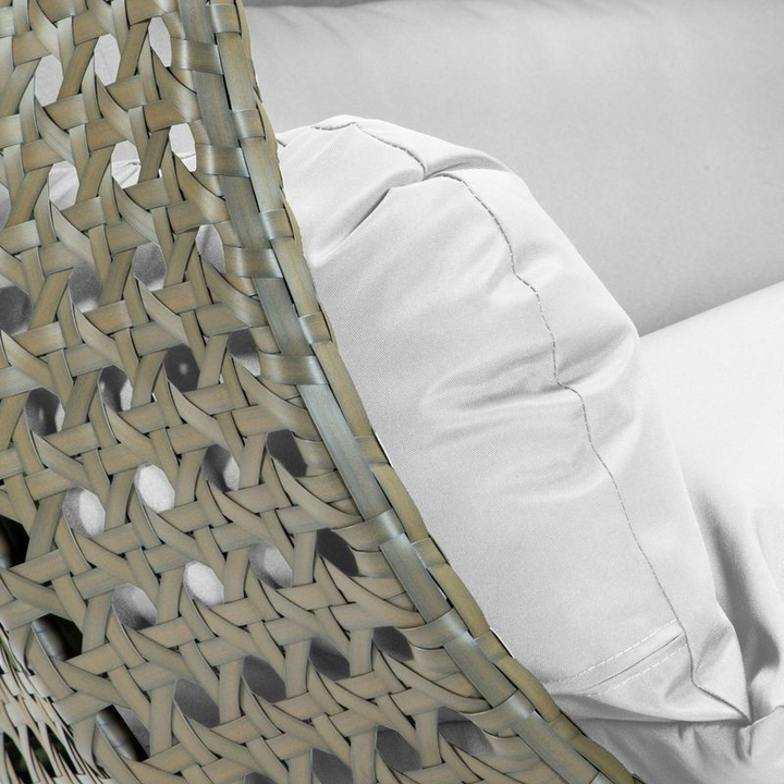 LeisureMod Beige Wicker Hanging 2 person Egg Swing Chair White Closeup.