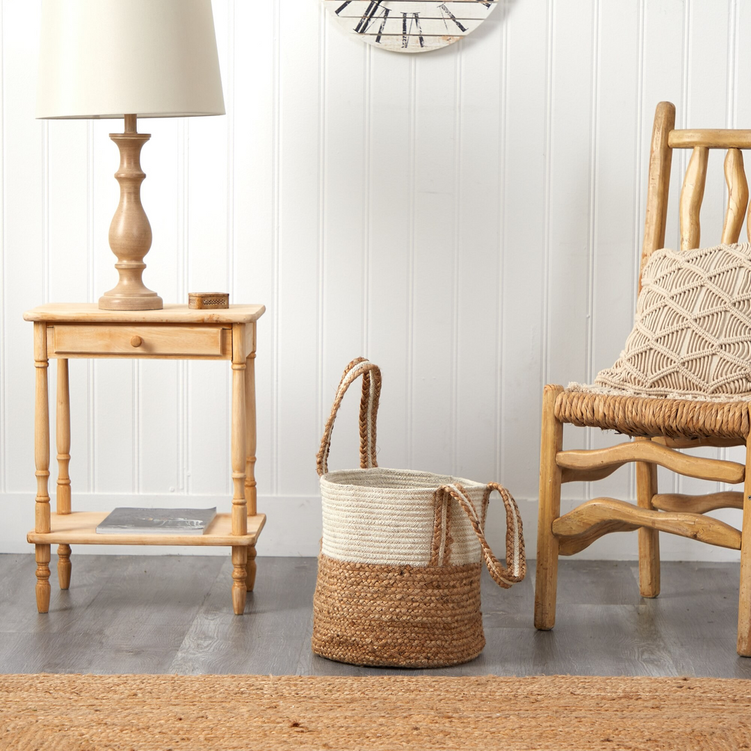 14” Boho Chic Basket Natural Cotton and Jute with Handles with Background